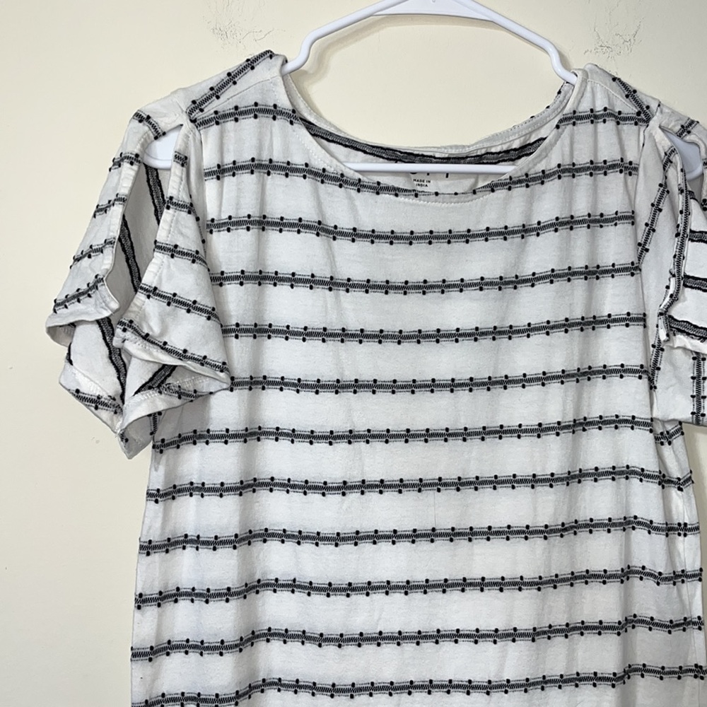 LOFT Striped With Black Dot Embroidery Split Sleeve White Tee Size S - Picture 3 of 7